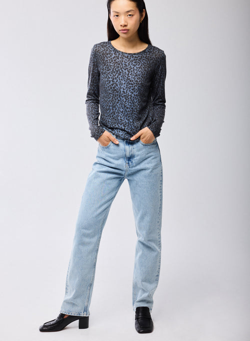 Blue Round Neck Long Sleeves T-Shirt in Organic Cotton and Cashmere - MAJESTIC FILATURES