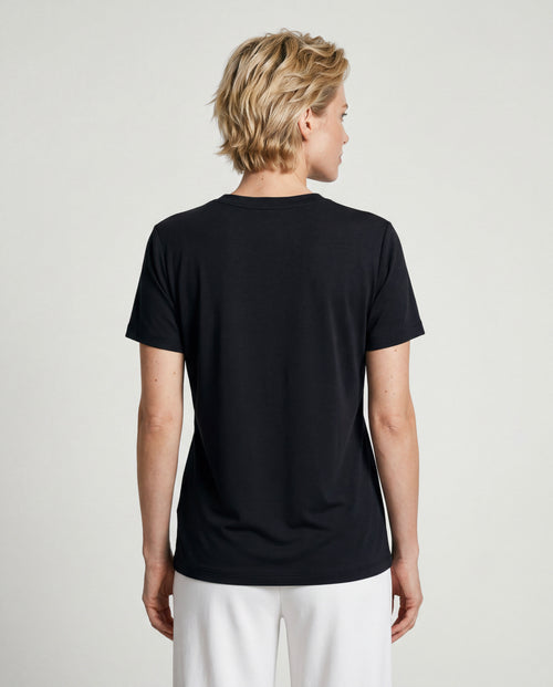 T-shirt Noir Col V Manches Courtes en Coton organique / Soie - MAJESTIC FILATURES