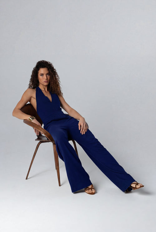 Navy jumpsuit with knotted collar in cotton / linen - MAJESTIC FILATURES