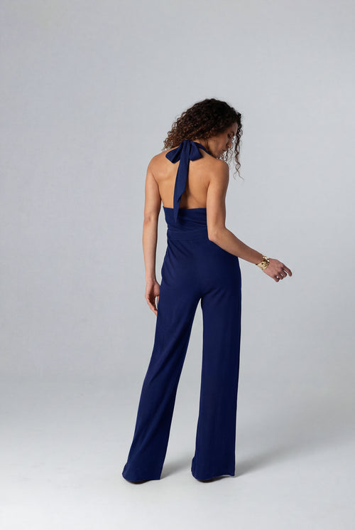 Navy jumpsuit with knotted collar in cotton / linen - MAJESTIC FILATURES