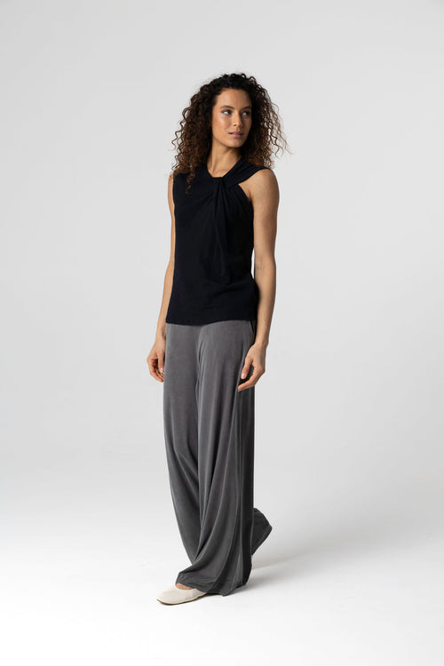 Débardeur Noir Col Noué Sans Manches en Coton / Lin - MAJESTIC FILATURES
