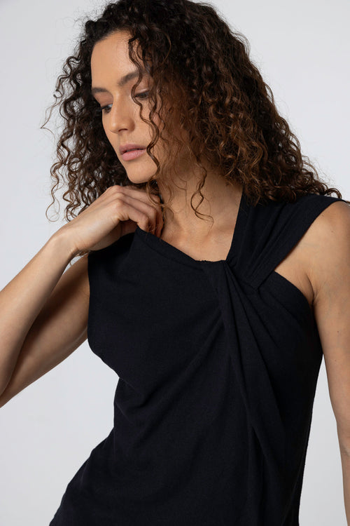 Débardeur Noir Col Noué Sans Manches en Coton / Lin - MAJESTIC FILATURES