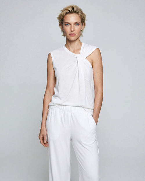 Camiseta sin mangas blanca con cuello anudado de algodón/lino - MAJESTIC FILATURES