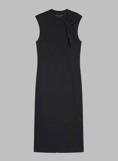 Black Sleeveless Knotted-Neck Dress in Cotton / Linen - MAJESTIC FILATURES