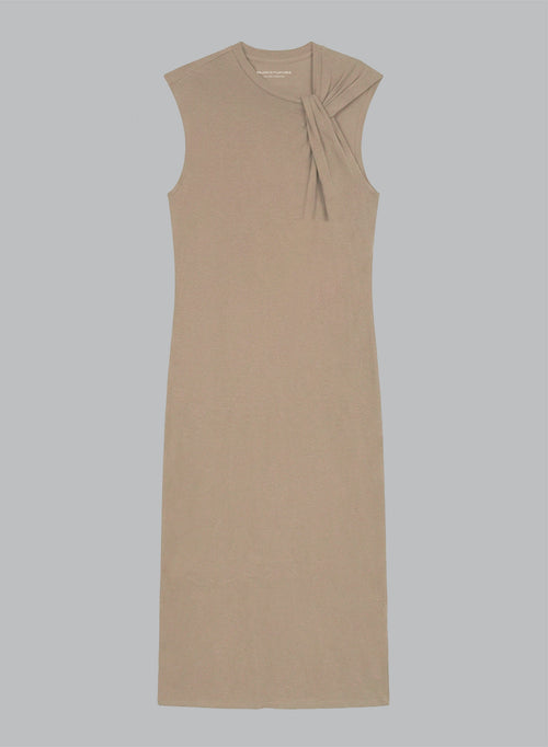 Coffee Latte Sleeveless Knotted Collar Dress in Cotton / Linen - MAJESTIC FILATURES