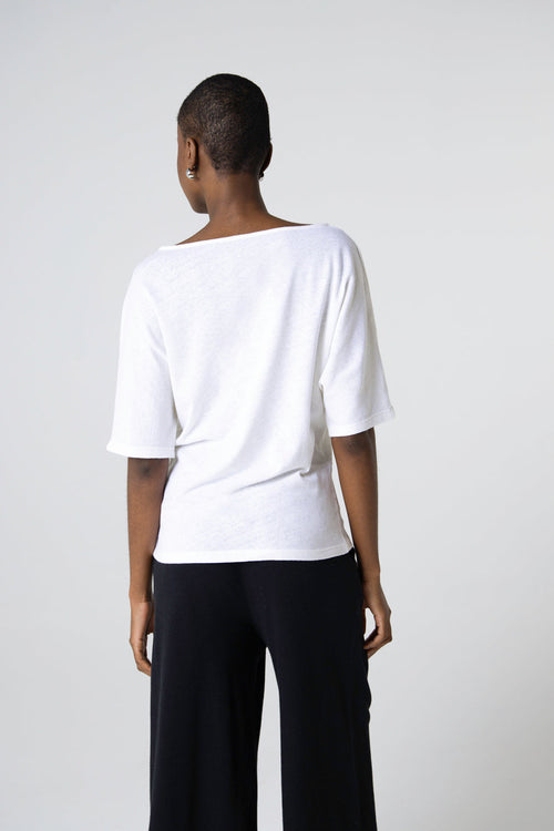 Camiseta blanca con cuello barco y manga corta de algodón/lino - MAJESTIC FILATURES