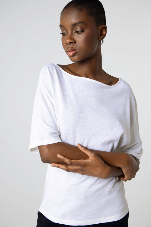 Camiseta blanca con cuello barco y manga corta de algodón/lino - MAJESTIC FILATURES