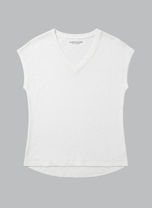 Camiseta con cuello en V y manga corta de algodón/lino color leche - MAJESTIC FILATURES