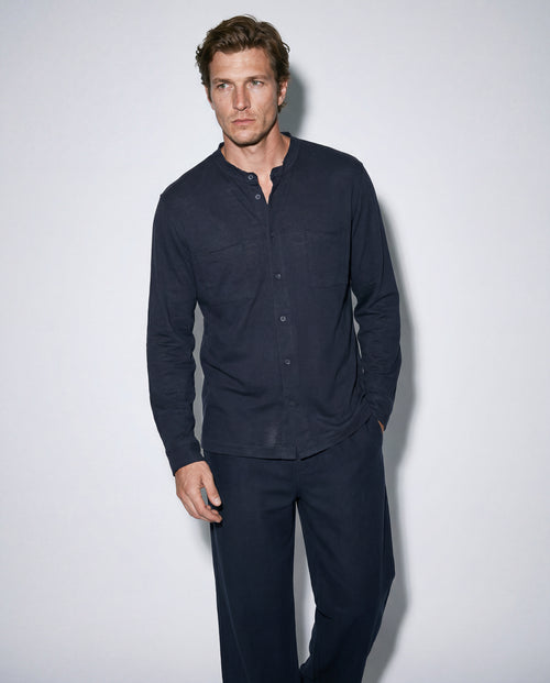 Navy Long-Sleeve Collared Shirt in Cotton / Linen - MAJESTIC FILATURES