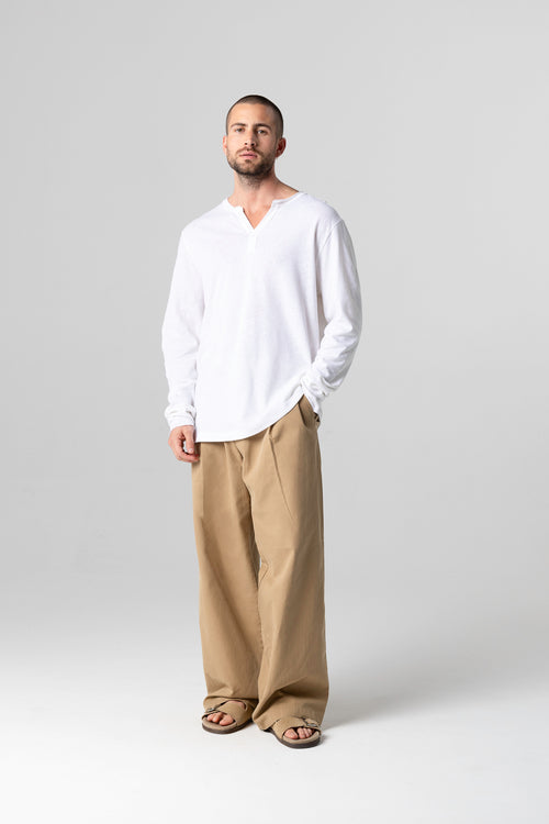 Camisa tunecina de manga larga en algodón/lino en color blanco - MAJESTIC FILATURES