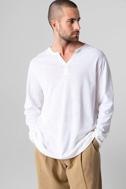 Camisa tunecina de manga larga en algodón/lino en color blanco - MAJESTIC FILATURES