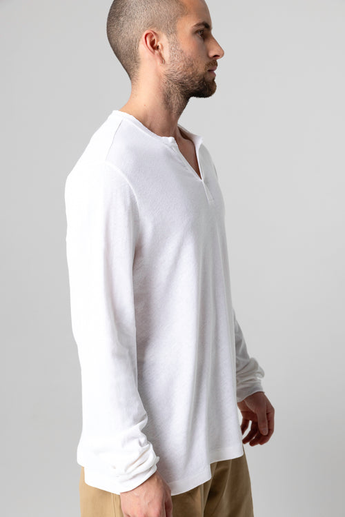 Camisa tunecina de manga larga en algodón/lino en color blanco - MAJESTIC FILATURES