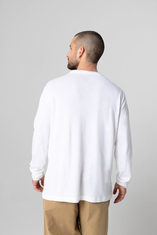 Camisa tunecina de manga larga en algodón/lino en color blanco - MAJESTIC FILATURES