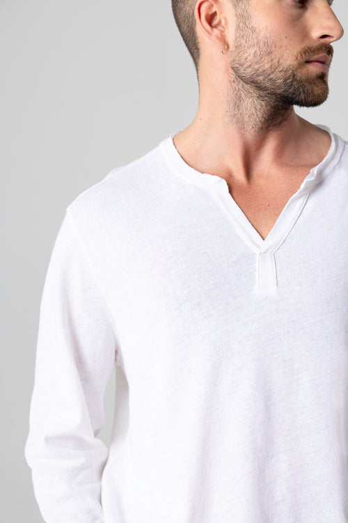 Camisa tunecina de manga larga en algodón/lino en color blanco - MAJESTIC FILATURES