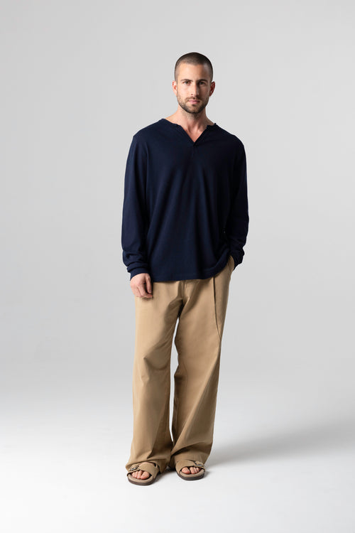 Langärmeliges tunesisches Hemd aus Baumwolle/Leinen in Marineblau - MAJESTIC FILATURES