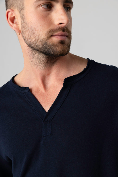 Langärmeliges tunesisches Hemd aus Baumwolle/Leinen in Marineblau - MAJESTIC FILATURES