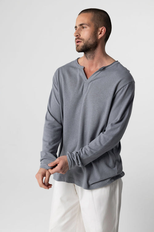 Camisa tunecina gris de manga larga en algodón/lino - MAJESTIC FILATURES