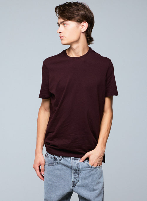 T-shirt Aubergine Col Rond Manches Courtes en Coton et Cachemire - MAJESTIC FILATURES