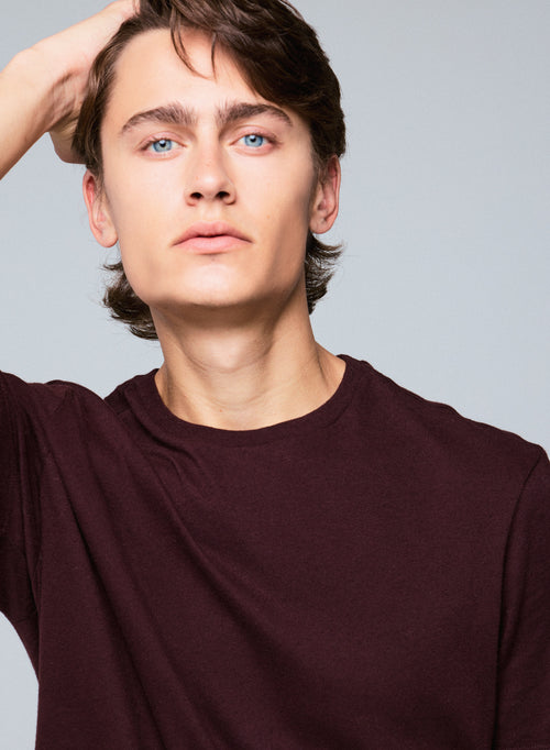 Auberginefarbenes T-Shirt mit Rundhalsausschnitt und kurzen Ärmeln aus Baumwolle und Kaschmir - MAJESTIC FILATURES