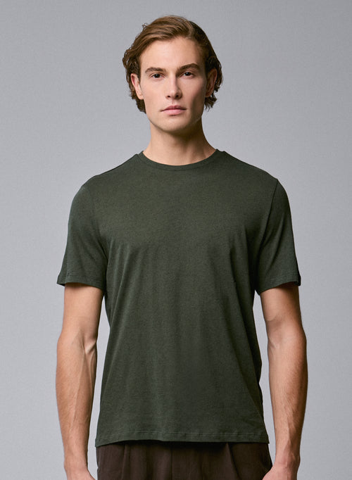 T-shirt Vert Col Rond Manches Courtes en Coton / Cachemire - MAJESTIC FILATURES