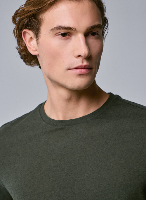T-shirt Vert Col Rond Manches Courtes en Coton / Cachemire - MAJESTIC FILATURES