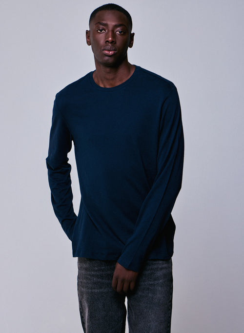 T-shirt Marine Col Rond Manches Longues en Coton / Cachemire - MAJESTIC FILATURES