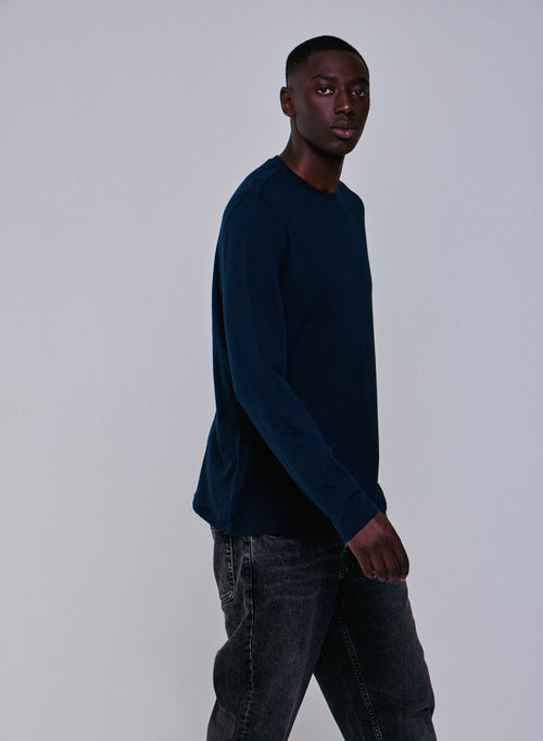 Marineblaues Langarm-T-Shirt mit Rundhalsausschnitt aus Baumwolle und Kaschmir - MAJESTIC FILATURES