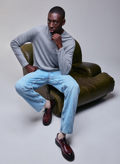 T-shirt Gris Col Rond Manches Longues en Coton / Cachemire - MAJESTIC FILATURES