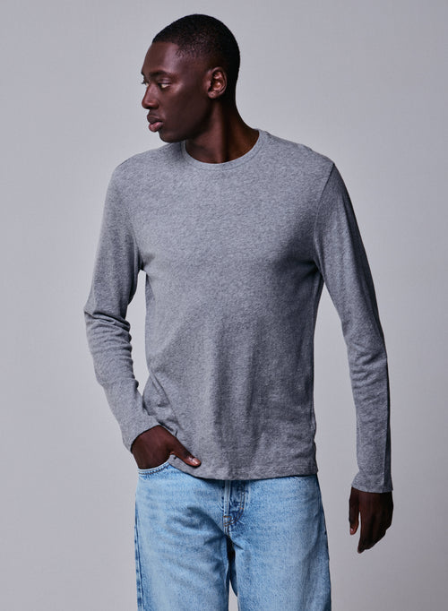Grey Round Neck Long Sleeve T-shirt in Cotton / Cashmere - MAJESTIC FILATURES