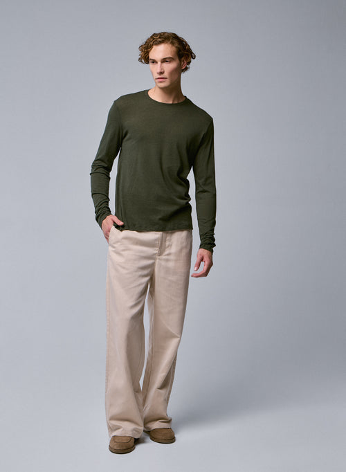 Green Round Neck Long Sleeve T-Shirt in Cotton / Cashmere - MAJESTIC FILATURES