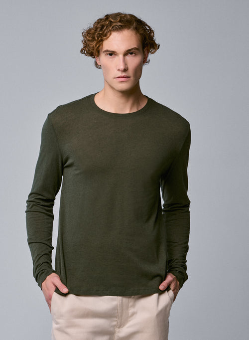 Green Round Neck Long Sleeve T-Shirt in Cotton / Cashmere - MAJESTIC FILATURES