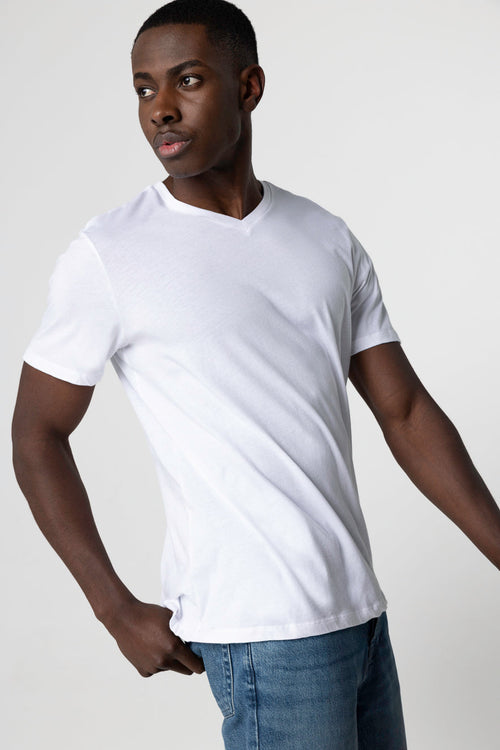 White Paul Short Sleeve V-Neck Cotton T-Shirt - MAJESTIC FILATURES
