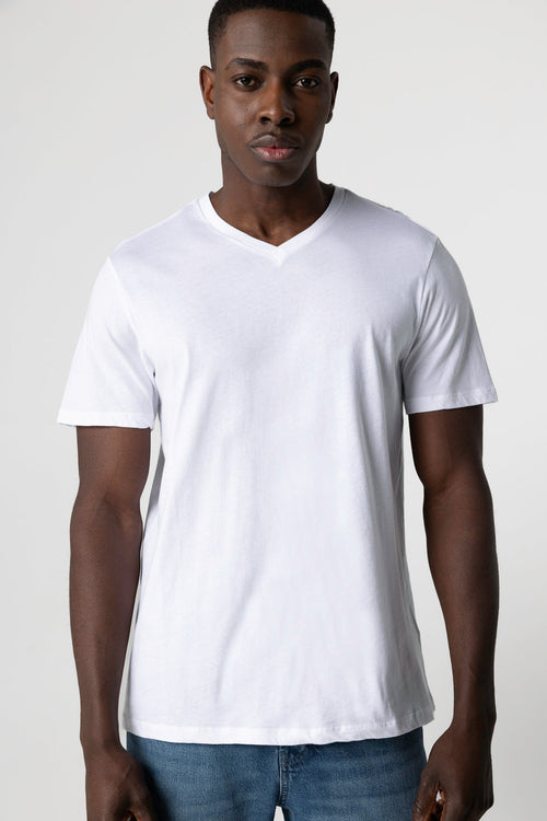 White Paul Short Sleeve V-Neck Cotton T-Shirt - MAJESTIC FILATURES