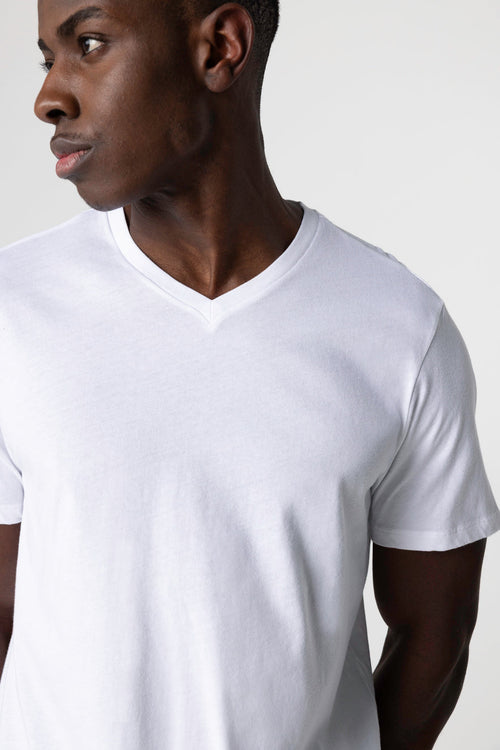White Paul Short Sleeve V-Neck Cotton T-Shirt - MAJESTIC FILATURES