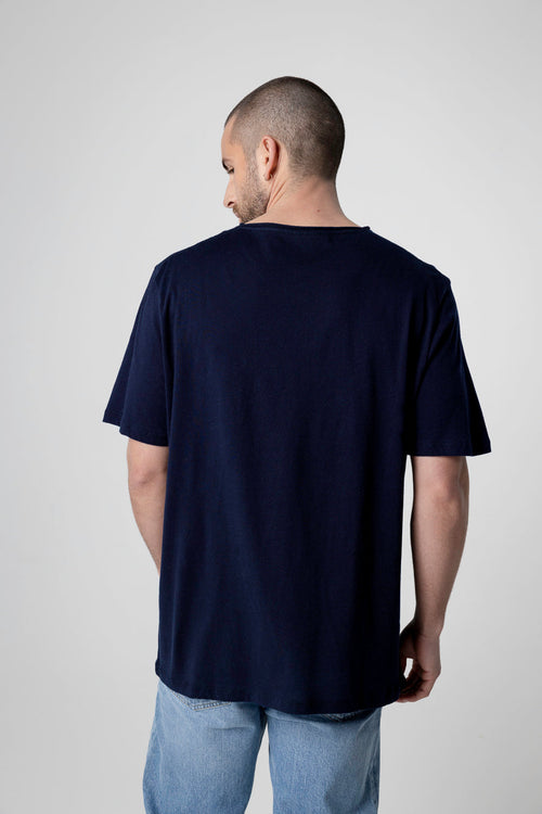 Camiseta azul marino cuello en V y manga corta de algodón orgánico - MAJESTIC FILATURES