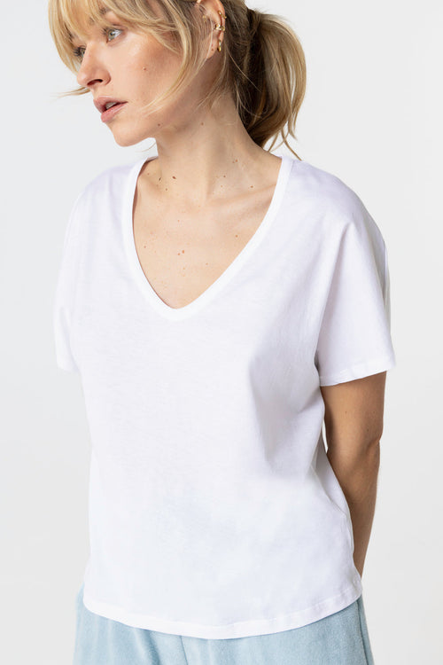 T-shirt Blanc Col V Manches Courtes en Coton Supima - MAJESTIC FILATURES