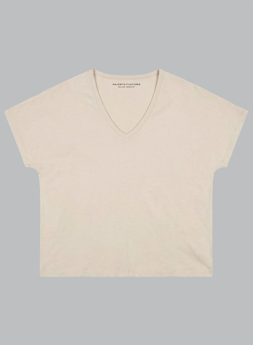 T-shirt Beige Col V Manches Courtes en Coton Supima - MAJESTIC FILATURES
