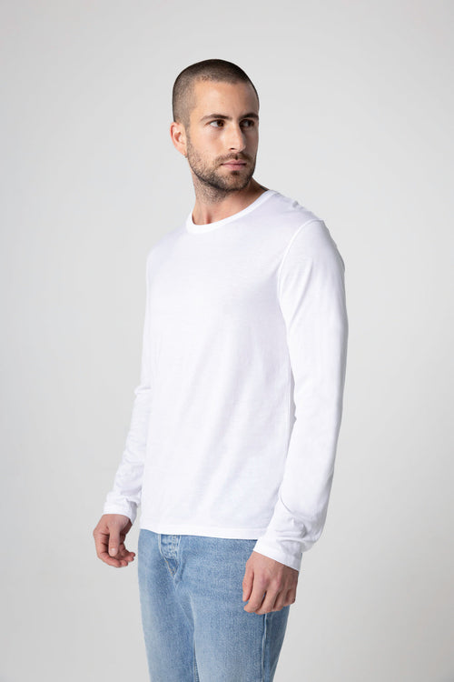 White Round Neck Long Sleeve T-Shirt in Supima Cotton - MAJESTIC FILATURES