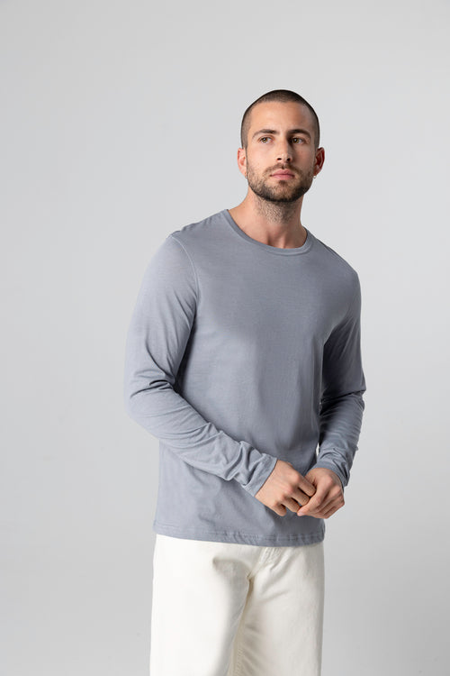 T-shirt Gris Col Rond Manches Longues en Coton supima - MAJESTIC FILATURES
