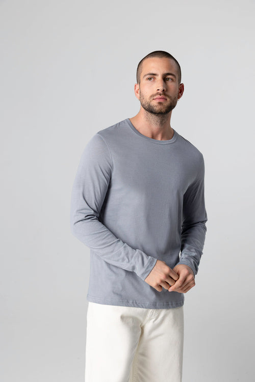 T-shirt Gris Col Rond Manches Longues en Coton Supima - MAJESTIC FILATURES
