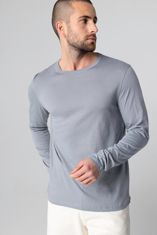 T-shirt Gris Col Rond Manches Longues en Coton supima - MAJESTIC FILATURES