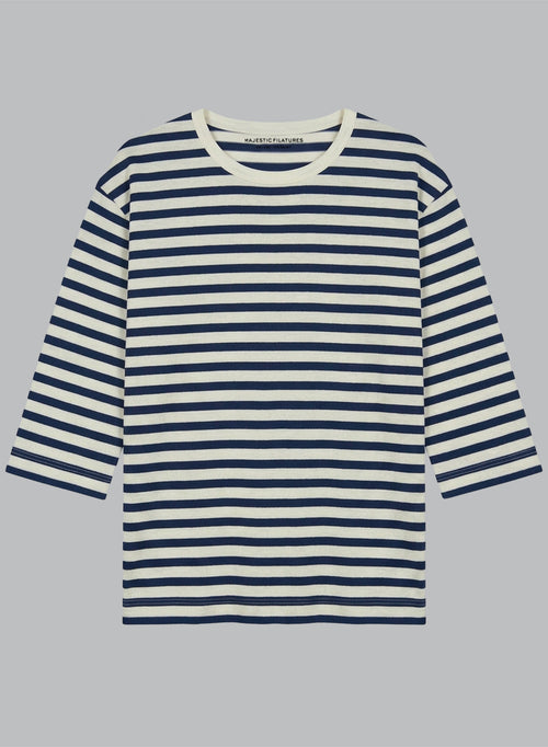 T-Shirt mit U-Boot-Ausschnitt und Dreiviertelärmeln aus Baumwolle/Leinen in Marineblau - MAJESTIC FILATURES