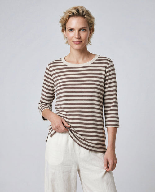 T-Shirt mit U-Boot-Ausschnitt und Dreiviertelärmeln aus Baumwolle/Leinen in Braun - MAJESTIC FILATURES