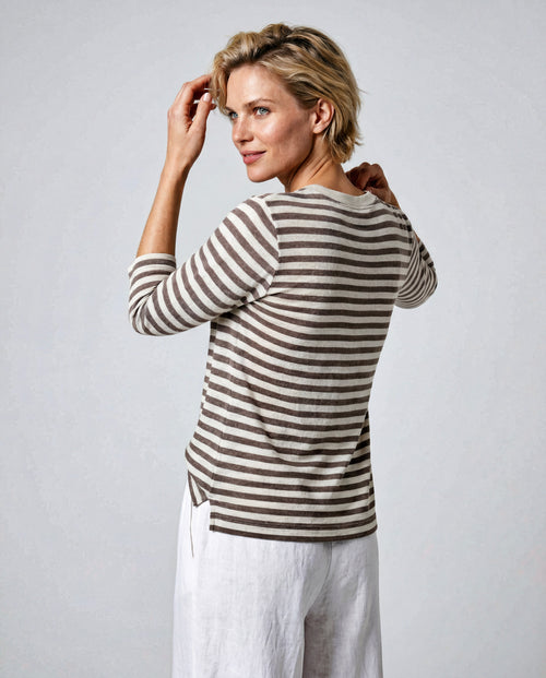 T-Shirt mit U-Boot-Ausschnitt und Dreiviertelärmeln aus Baumwolle/Leinen in Braun - MAJESTIC FILATURES