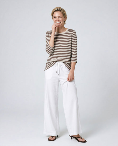 T-Shirt mit U-Boot-Ausschnitt und Dreiviertelärmeln aus Baumwolle/Leinen in Braun - MAJESTIC FILATURES