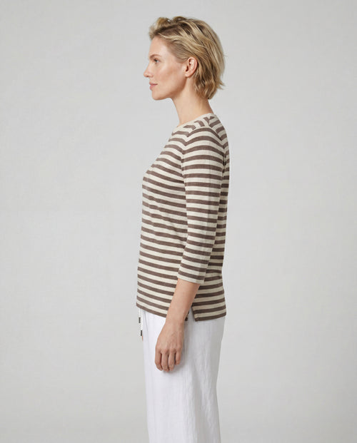 T-Shirt mit U-Boot-Ausschnitt und Dreiviertelärmeln aus Baumwolle/Leinen in Braun - MAJESTIC FILATURES