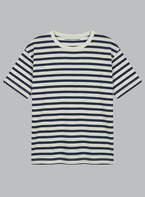 T-shirt Rayure Marine Col Rond Manches Courtes en Coton / Lin - MAJESTIC FILATURES