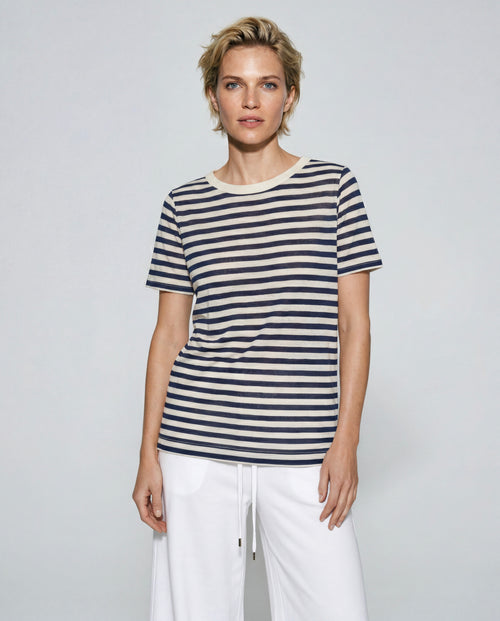 Marineblau-weiß gestreiftes T-Shirt mit Rundhalsausschnitt und kurzen Ärmeln aus Baumwolle/Leinen - MAJESTIC FILATURES