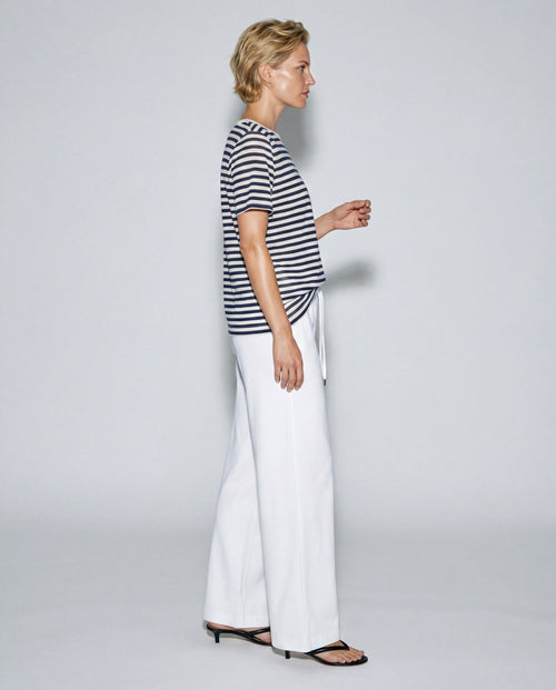 T-shirt Rayure Marine Col Rond Manches Courtes en Coton / Lin - MAJESTIC FILATURES