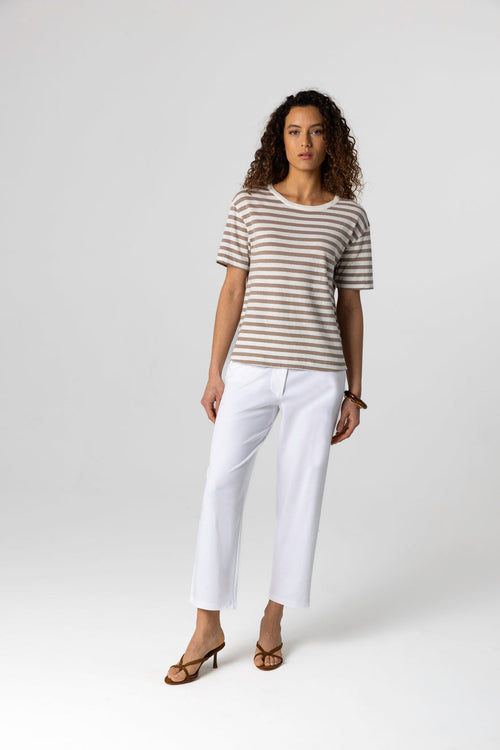 Camiseta de rayas marrones con cuello redondo y mangas cortas de algodón/lino - MAJESTIC FILATURES